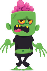 Cartoon funny green zombie with pink brains outside of the head. Halloween vector illustration isolated