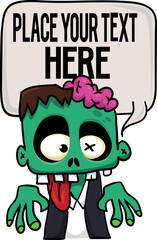 Cartoon zombie holding blank paper banner for text. Vector illustration. Isolated on the white background. Halloween design element for banner, postcard, poster