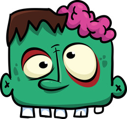 Cartoon angry zombie head. Halloween vector illustration of funny zombie moaning with wide open mouth full of teeth