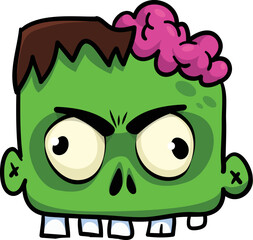 Cartoon angry zombie head. Halloween vector illustration of funny zombie moaning with wide open mouth full of teeth