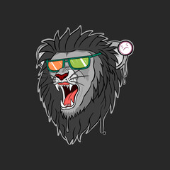 angry lion with glasses in black and white vector sticker and print