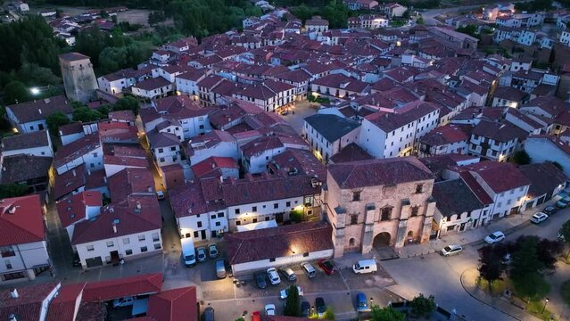 Aerial view from a drone at sunset in the surroundings of the town of Covarrubias. Arlanza region. Burgos, Castilla y Leon, Spain, Europe