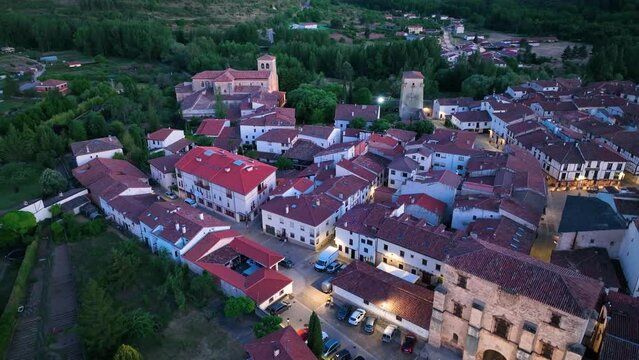 Aerial view from a drone at sunset in the surroundings of the town of Covarrubias. Arlanza region. Burgos, Castilla y Leon, Spain, Europe