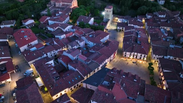 Aerial view from a drone at sunset in the surroundings of the town of Covarrubias. Arlanza region. Burgos, Castilla y Leon, Spain, Europe