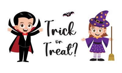 Trick or treat lettering with cute kids in vampire and witch costumes