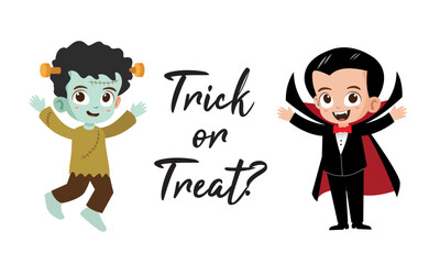 Trick or treat lettering with cute kids in frankenstein and vampire costumes