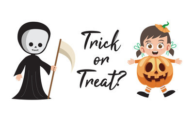 Trick or treat lettering with cute kids in reaper and pumpkin costumes