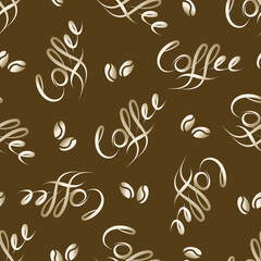 Hand-drawn vector calligraphy and unique brush pen lettering word coffee. Seamless background with script text and coffee beans. Repeat backdrop for advertising cafes, restaurants, bakery, packaging