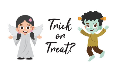 Trick or treat lettering with cute kids in frankenstein and angel costumes
