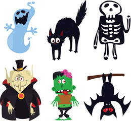 Cartoon funny Halloween characters set. Vctor illustration of monster ghost vampire bat black cat and grim reaper