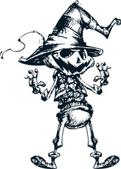 Scarecrow cartoon character. Halloween skeleton design for party invitation, poster. Vector skull face illustration . Handdrawing style illustration made with strokes