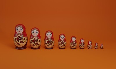3d illustration, set of matryshka, traditional Russian dolls, beautifully colored, red background, 3d rendring