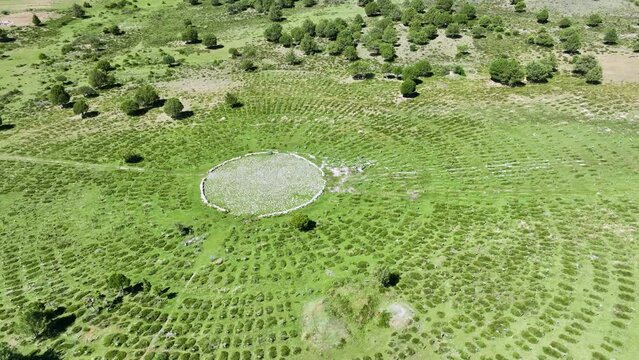 Sad Hill Cemetery between Contreras and Santo Domingo de Silos. Cinematographic architecture built for the movie "The Good, The Bad and The Ugly". Aerial view from a drone. Arlanza region. Burgos, Cas
