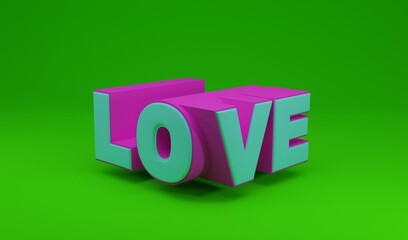 3d illustration, bicolor letters forming the word love, green background, 3d rendering.