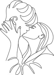 One continuous, single line  drawing of a woman and a man. Hugs of a young couple, lovers, woman and man. Doodles. Romantic.