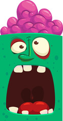 Obraz na płótnie Canvas Cartoon angry zombie face avatar. Halloween vector illustration of funny zombie moaning with wide open mouth full of teeth. Great for decoration or package design.
