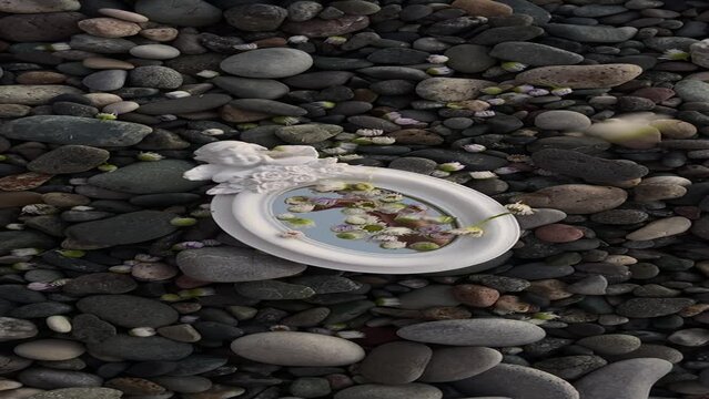 falling flowers on the vintage white mirror at the beach 