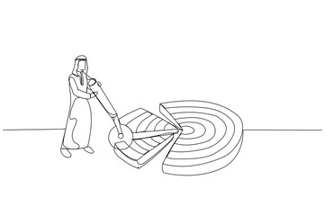 Obraz premium Cartoon of arab businessman break down dartboard target into chunks. Metaphor for break down big goal into small achievable goals. One line art style