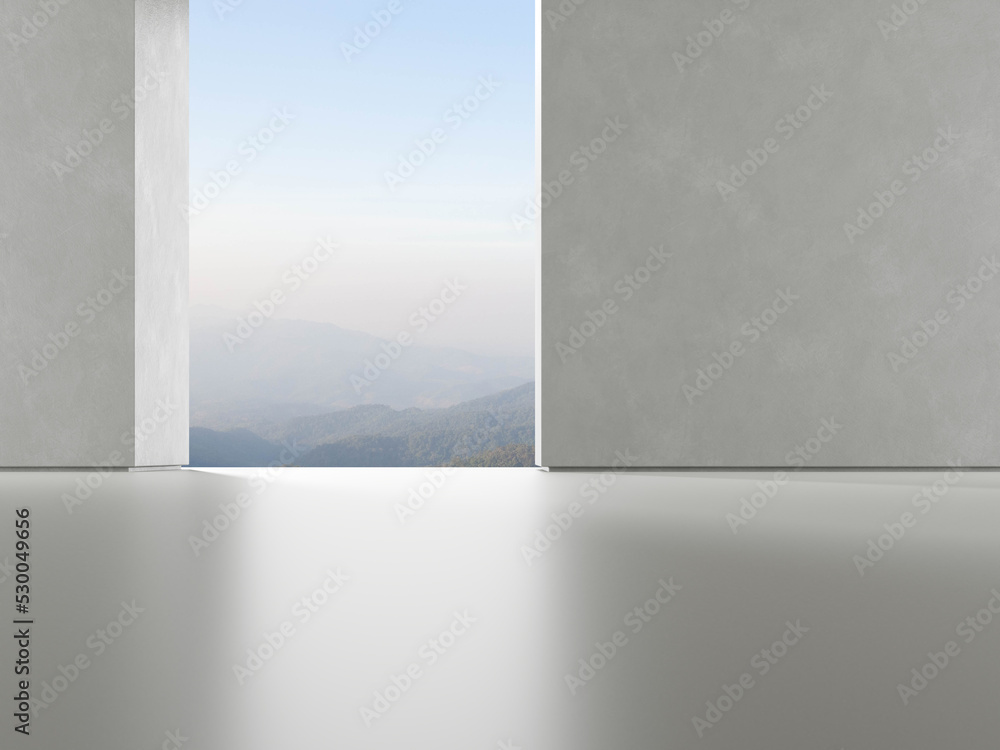 Aufkleber 3d render of empty concrete room with large wall structure on mountain background.