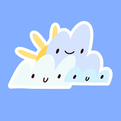 Three cute clouds blocking the sun. Cloudy Weather Sticker. Hand drawn clouds with face. Children's illustration. Cartoon style.