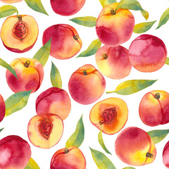 Watercolor peach seamless pattern, hand painted fruits and leaves on a transparent background, decorative botanical illustration
