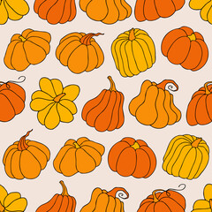 Autumn seamless pattern, square background, hand drawn pumpkins