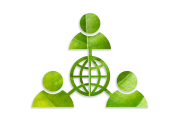 People network connection outline of green leaves on white background, Global communication line...