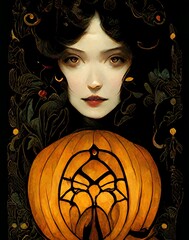 Illustration pale female face, black and orange art nouveau Halloween setting