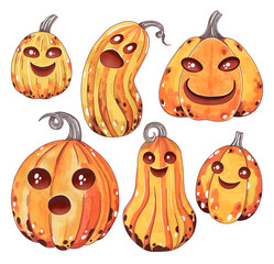 Halloween pumpkins. A set of pumpkins with different emotions. Hand-drawn. Marker art