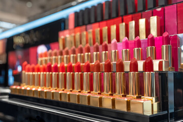 Lipstick With Different Colorful Tones In A Row. Selective focus.