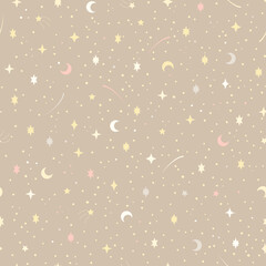 Vector seamless pattern with white and yellow stars on beige background. For wallpapers, decoration, invitation card, fabric, textile, bed linen print, gift and wrapping paper, cover notepad, pajamas.