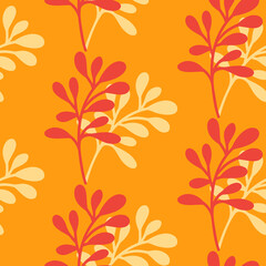 Seamless pattern with autumn leaves, hand drawn doodle style, warm, bright Fall colours. Background design for harvest holiday, Thanksgiving, Halloween, seasonal, textile, scrapbooking.