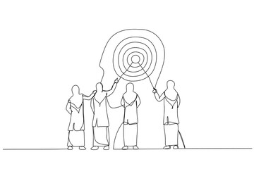 Drawing of muslim business woman target customer and develop marketing strategy. Metaphor for data analysis. Single continuous line art