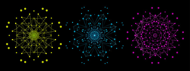 Fototapeta na wymiar Set of Colorful Bright Lattice Shape, Molecular Structure with Thin Lines and Dots. Mandala. Fractal.