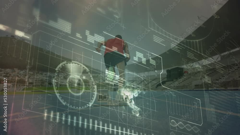 Poster animation of interface with data processing over rear view of male athlete running on sports field