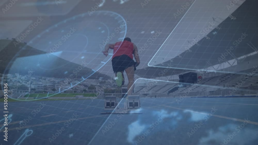 Poster animation of interface with data processing over rear view of male athlete running on sports field