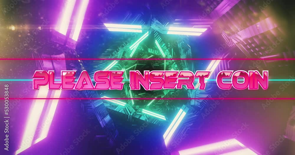 Poster animation of please insert coin text over neon green and pink glowing tunnel in seamless pattern