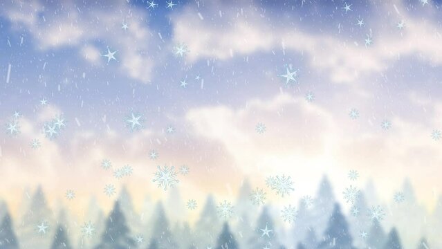 Animation of snow and star icons falling over winter landscape with tall trees