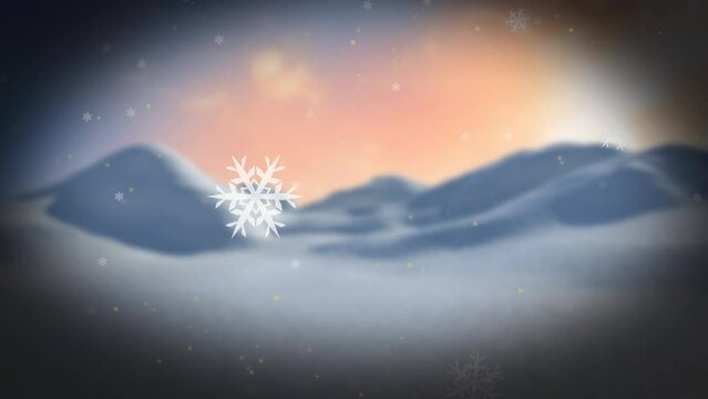 Animation of snowflakes falling over winter landscape against sunset sky