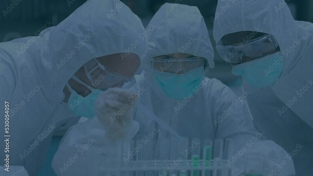 Poster animation of glitch effect over over team of diverse scientists working together at laboratory