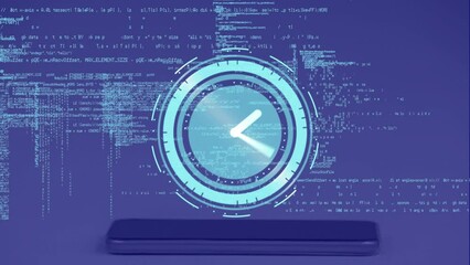 Animation of neon ticking clock and data processing over smartphone against blue background - Powered by Adobe