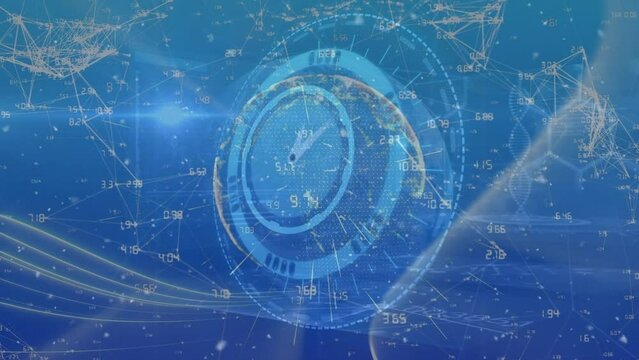 Animation of ticking clock over round scanner and network of connections against blue background