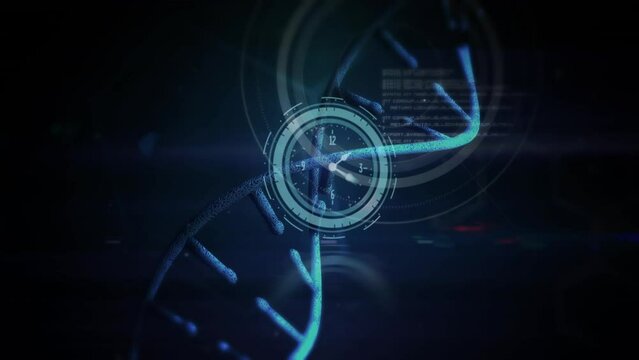 Animation of purple light trails and dna structures over neon ticking clock against blue background - Powered by Adobe