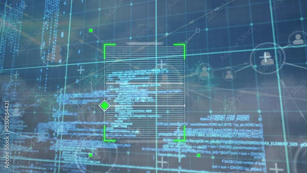 Poster animation of scanner over network of profile icons and data processing against clouds in the sky