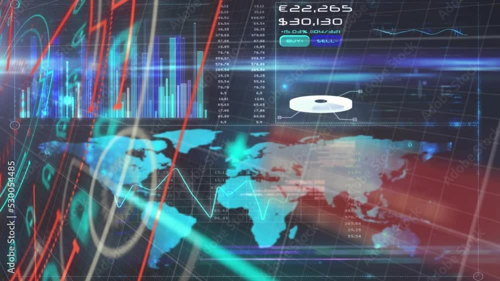 Poster animation of round scanner over digital interface with data processing against blue background