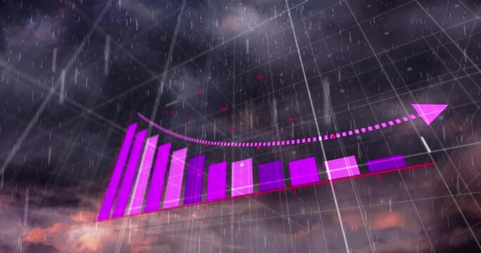 Animation of statistical data processing over thunderstorm and rain falling against dark clouds