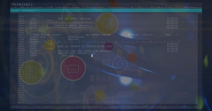 Animation of light spot and digital icons over data processing against blue background