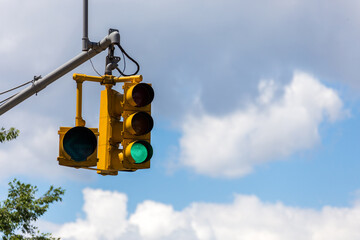 Yellow traffic lights on a street in New York city