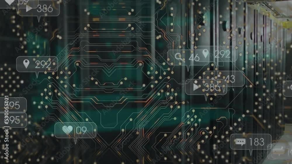 Poster animation of social media icons and microprocessor connections against computer server room