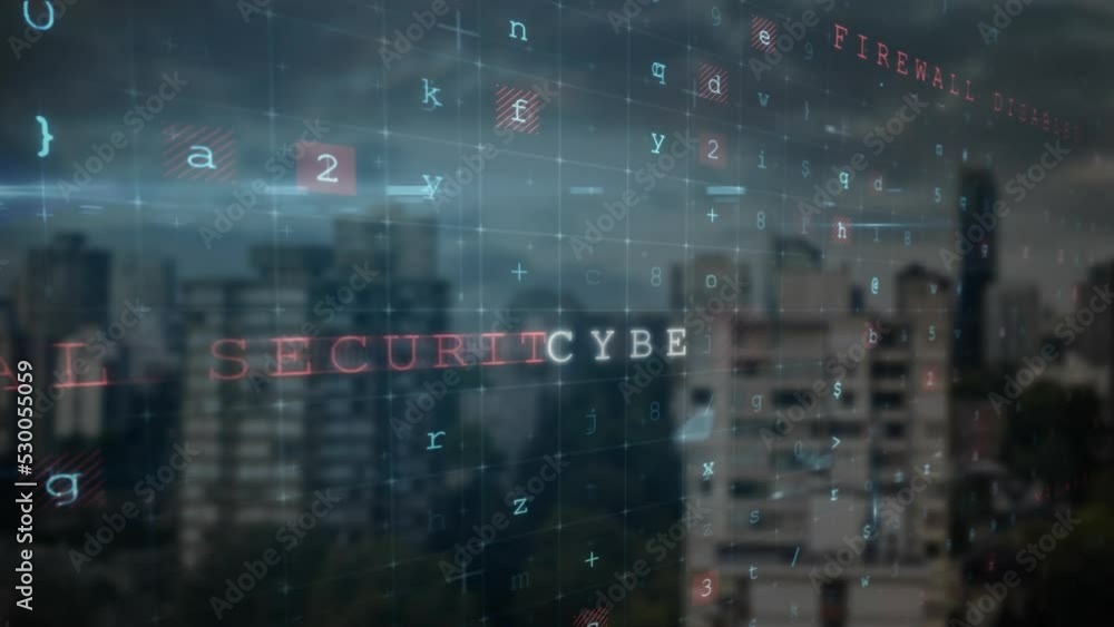 Poster animation of cyber security data processing against tall buildings